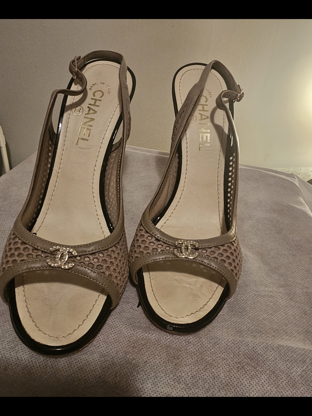 100% Authentic Chanel Taupe Slingback Peep-Toe Sandals - Picture 1 of 5